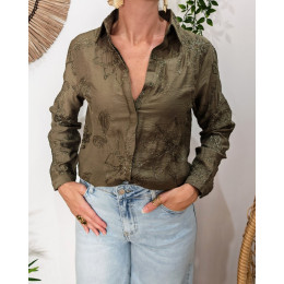 Chemisier femme kaki fleurs brodées liseré argent Zephyra