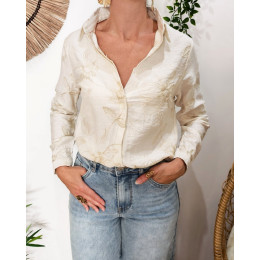 Chemisier femme beige fleurs brodées liseré doré Zephyra