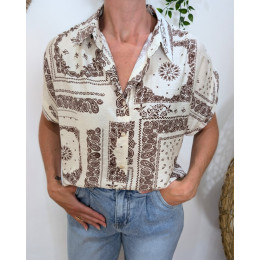 Chemisier femme beige et marron manches courtes