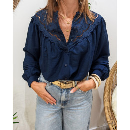 Chemisier femme bleu marine brodé col mao Mafalda