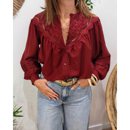 Chemisier femme bordeaux brodé col mao Mafalda