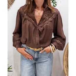 Chemisier femme marron brodé col mao Mafalda