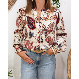 Chemisier femme beige fleurs terracotta multicolores Maddalena