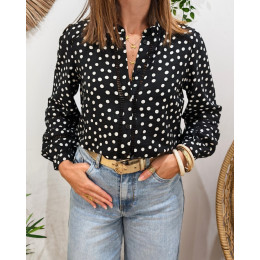 Chemisier femme noir à pois blancs et broderies