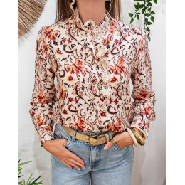 Chemisier femme beige fleurs orangées col brodé beige Alice