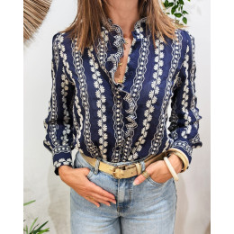 Chemisier femme bleu marine broderies fleuries écrues Apolline