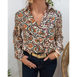 Chemisier femme beige fleurs terracotta et vertes Lurdes