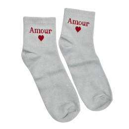Chaussettes femme blanches pailletées Amour coeur rouge