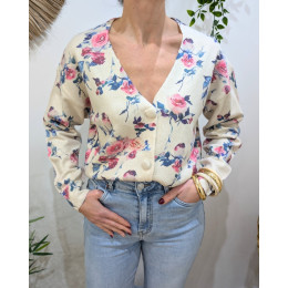 Gilet boutonné femme imprimé fleurs roses