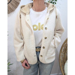 Gilet femme beige mouton bouclettes capuche amovible