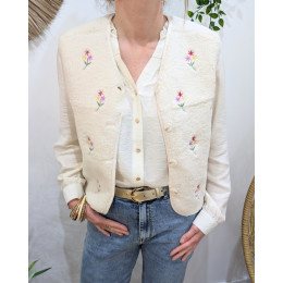 Gilet femme sans manche bouclettes beige fleurs brodées multicolores