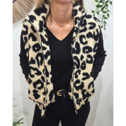 Gilet femme bouclettes léopard sans manches beige et noir