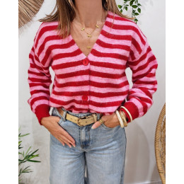 Gilet femme boutonné rayé rose et rouge