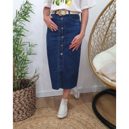 Jupe en jean femme coupe midi bleu foncé boutonnée