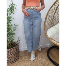 Jupe longue en jean femme bleu clair boutonnée