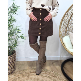 Jupe courte femme velours cotelé marron boutons dorés