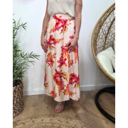 Jupe longue femme beige grosses fleurs roses oranges jaunes Aurora