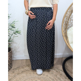 Jupe longue femme fluide marine à pois blancs