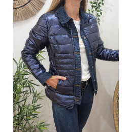 Doudoune bleu métallisé rebords jeans