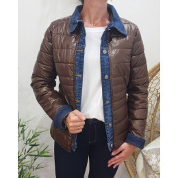 Doudoune femme marron métallisé rebords jeans