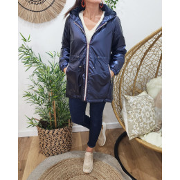 Parka femme bleu métallisé fourrée marine à capuche