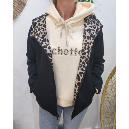 Parka fine femme courte réversible noire et beige Léopard 