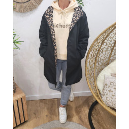 Parka fine femme longue réversible noire et beige Léopard 