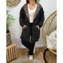 Parka fine femme longue réversible noire et léopard camel