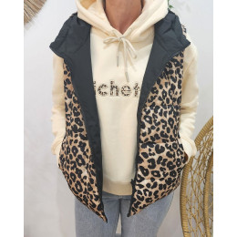Doudoune femme sans manches courte noire et leopard a capuche reversible 28580