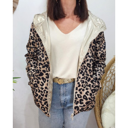Parka fine femme courte réversible dorée et Léopard noir et beige 