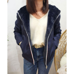 Parka femme bleu marine réversible fausse fourrure Sora