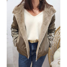 Parka femme bronze réversible fausse fourrure taupe Sora