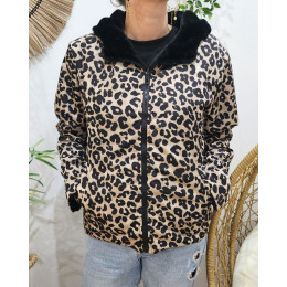 Parka femme léopard beige noir réversible fausse fourrure noire