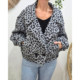 Manteau bombers épais léopard gris et noir