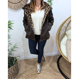 Parka femme courte choco réversible fausse fourrure léopard Izora