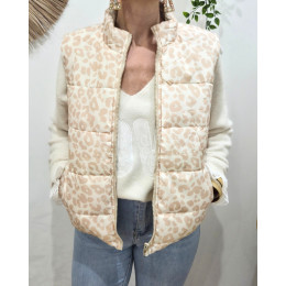 Doudoune femme sans manches dorée et léopard beige réversible