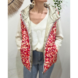Doudoune femme sans manches dorée et motifs fuchsias orangés réversible