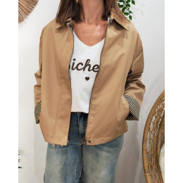 Manteau femme trench court camel manches et doublure à carreaux