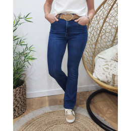 Jean femme foncé slim évasé flare taille haute