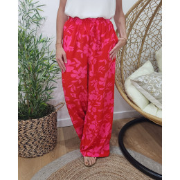 Pantalon femme fluide rouge fleurs roses