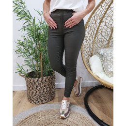 Pantalon femme similicuir kaki foncé skinny