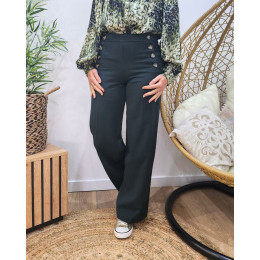 Pantalon femme vert bouteille fluide taille haute boutonné Dina