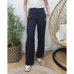 Pantalon femme bleu marine fluide taille haute boutonné Dina