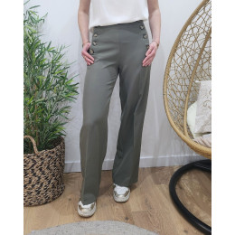 Pantalon femme kaki fluide taille haute boutonné Dina