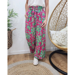 Pantalon fluide femme fuchsia fleurs vertes et beiges