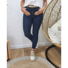 Jean femme skinny bleu foncé délavé 7/8 poches effet abîmé