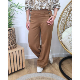 Pantalon femme camel fluide taille haute boutonné Dina