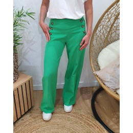 Pantalon femme vert gazon fluide taille haute boutonné Dina
