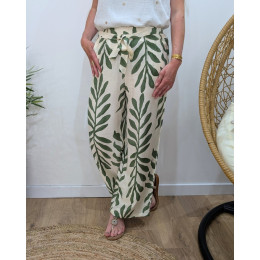 Pantalon fluide femme écru et vert Ismérie