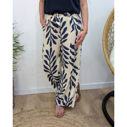 Pantalon fluide femme écru et bleu  Ismérie